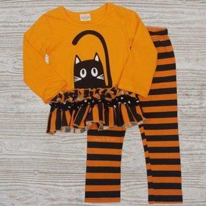 Halloween Black Cat Ruffle Striped Outfit Set